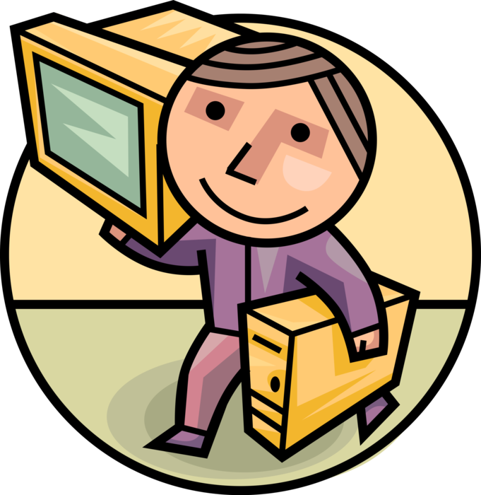 Vector Illustration of Man Walks with Personal Computer System Unit and Monitor