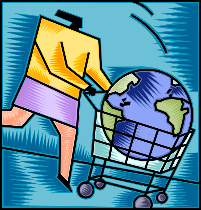 Vector Illustration of Businesswoman with World Earth Globe in Grocery Shopping Cart