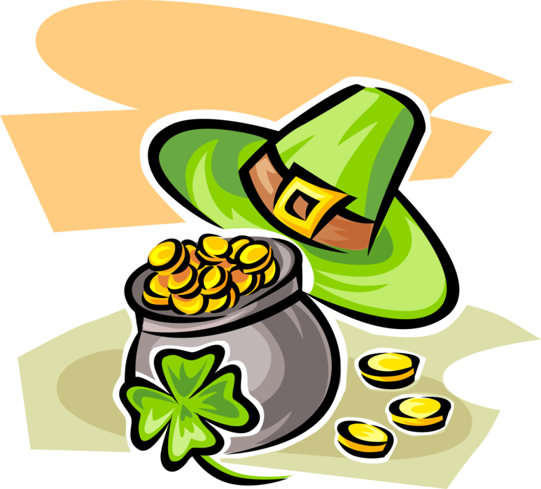 Vector Illustration of St Patrick's Day Pot of Gold with Four-Leaf Clover Lucky Shamrock and Hat