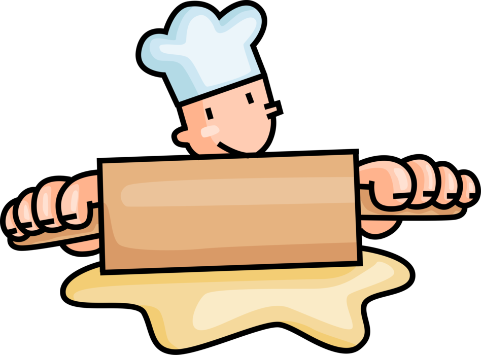 Vector Illustration of Retail Bakery Baker Rolls and Flattens Baking Dough with Rolling Pin