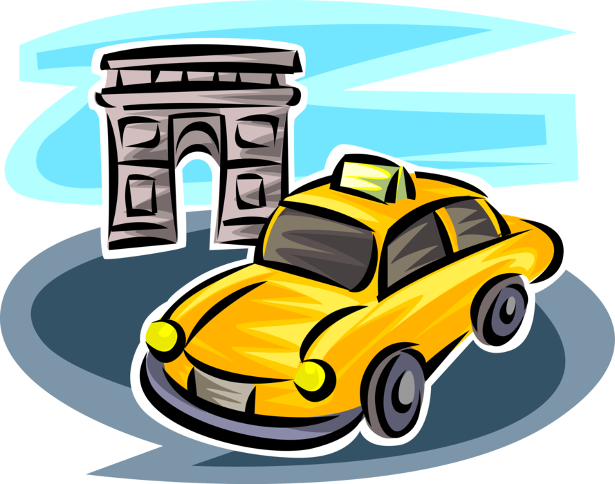 Vector Illustration of Taxicab Taxi or Cab Vehicle for Hire Automobile Motor Car at Arc de Triomphe, Paris, France 