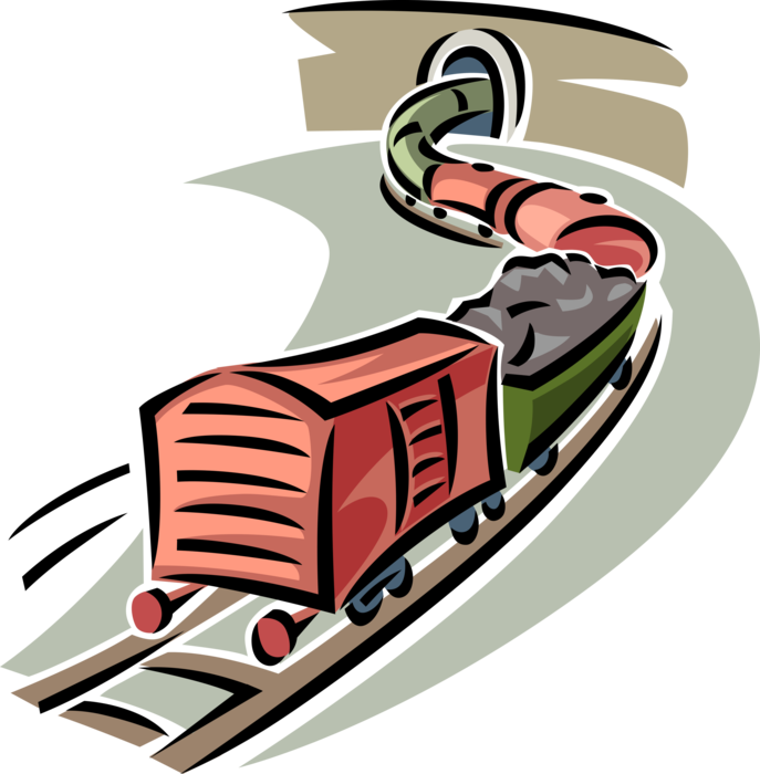 Vector Illustration of Rail Cargo Transport Speeding Locomotive Railway Train Enters Tunnel