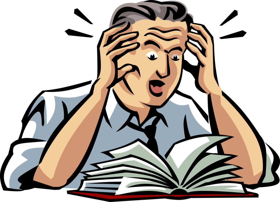 Vector Illustration of Highly Distressed Businessman Shocked by Reading Words in Book
