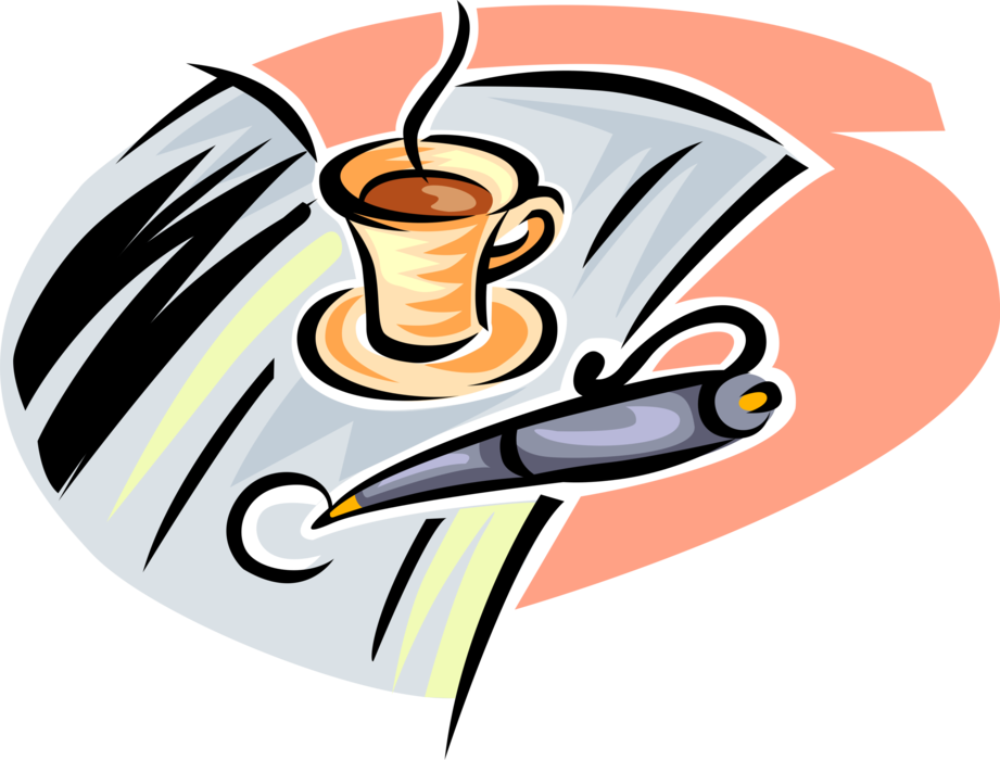 Vector Illustration of Cup of Coffee and Fountain Pen Writing Instrument