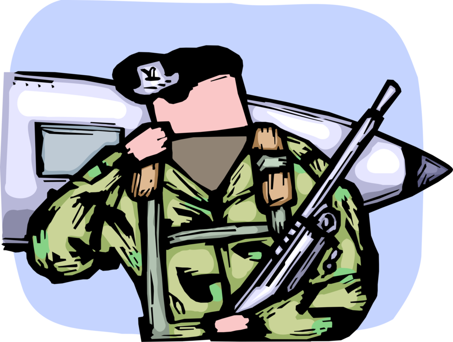 Vector Illustration of Heavily Armed United States Military Soldier Guards Aircraft Fighter Jet