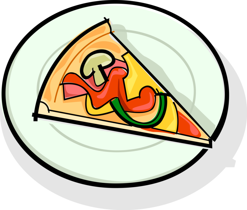 Vector Illustration of Slice of Flatbread Pizza with Green Pepper, Pepperoni and Mushrooms on Plate