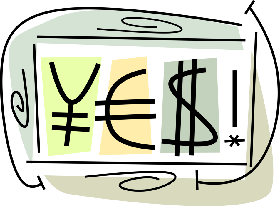 Vector Illustration of YES Support for Foreign Currency Japanese Yen, European Euro and Dollar Money Symbols