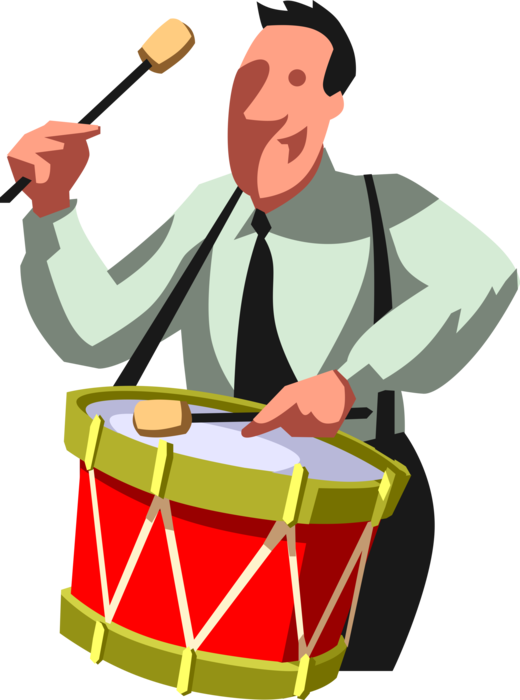 Vector Illustration of Enthusiastic Businessman Beats Marching Band Drum to Drum Up Business Opportunities