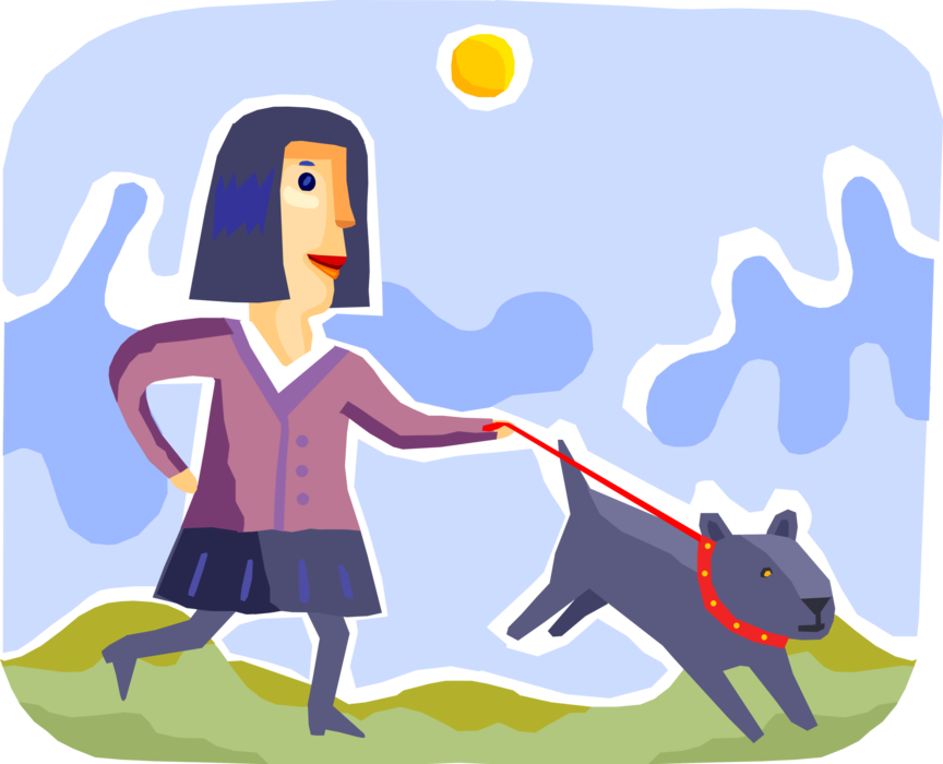 Vector Illustration of Pet Owner Walks Family Pet Dog on Leash