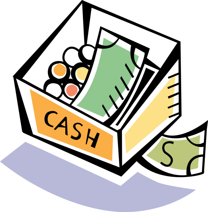 Vector Illustration of Personal Stash Cash Box with Dollar Bills and Currency Coins