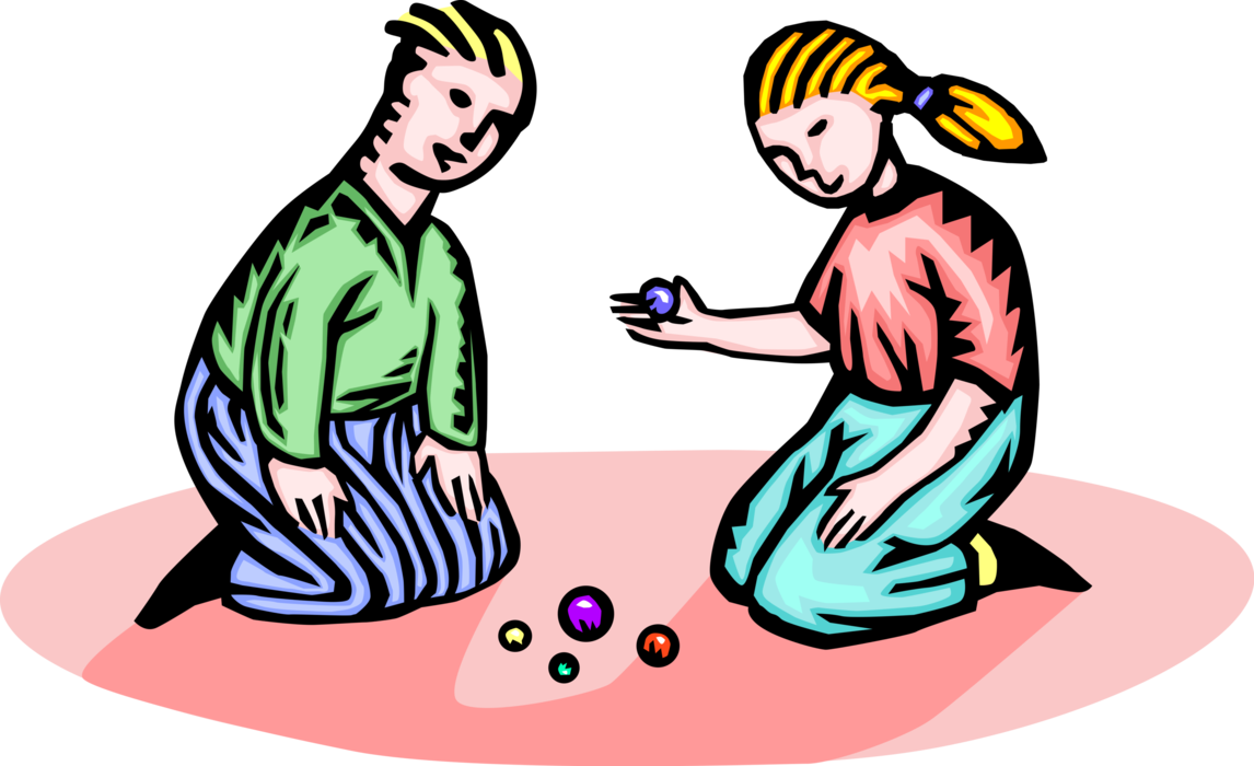 Vector Illustration of Two Children Playing Marbles in Schoolyard