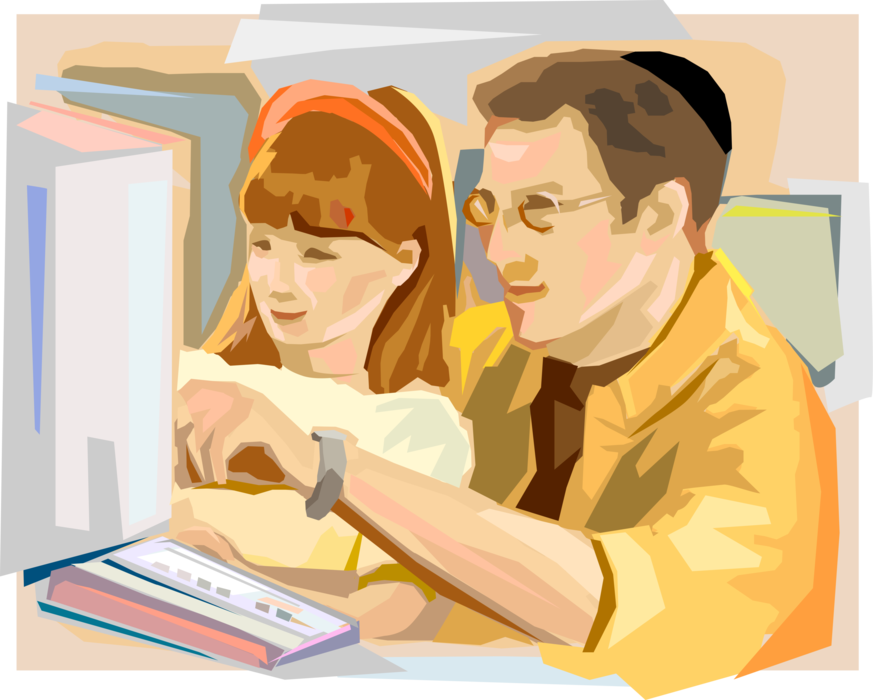 Vector Illustration of Jewish School Student with Teacher in Classroom with Computer