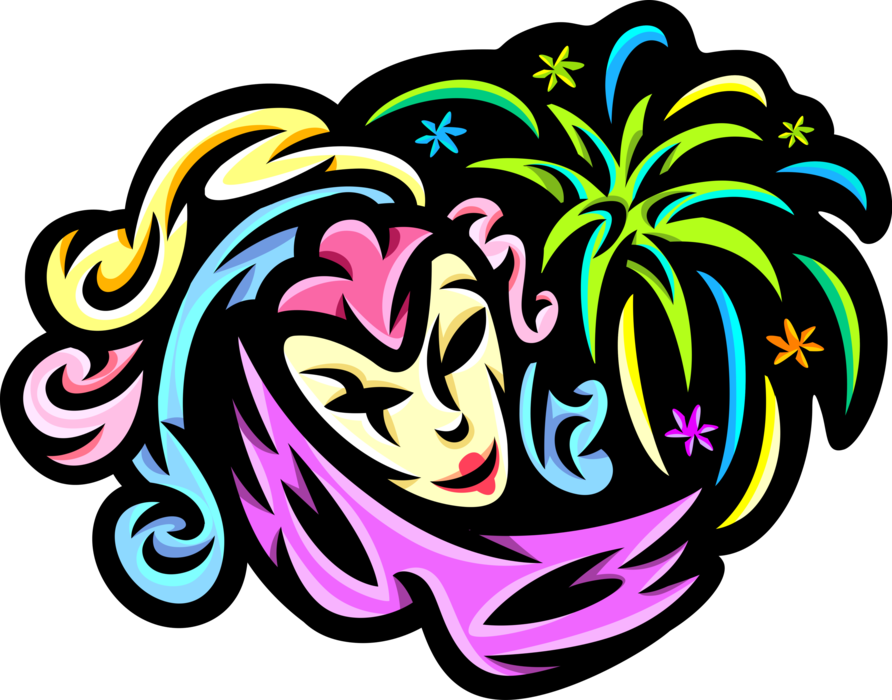 Vector Illustration of New Orleans Mardi Gras, Shrove Tuesday, or Fat Tuesday Masquerade Ball Mask with Fireworks