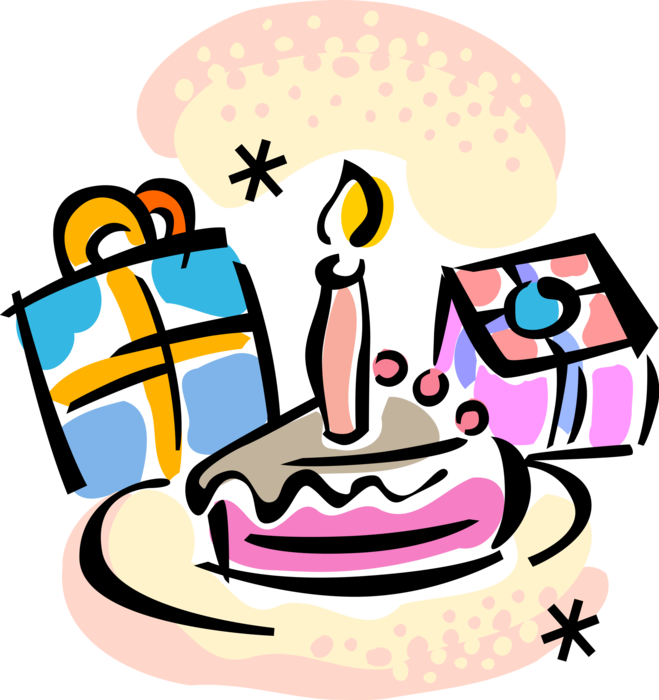 Vector Illustration of Sweet Dessert Baked Birthday Cake and Gift Wrapped Presents