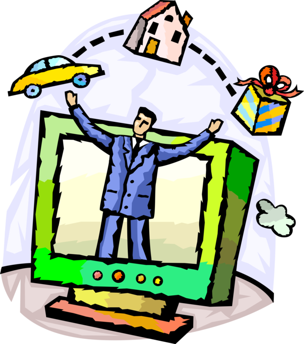 Vector Illustration of Businessman Exploits Internet for Online Shopping Opportunities for Automobile, Real Estate, Gifts