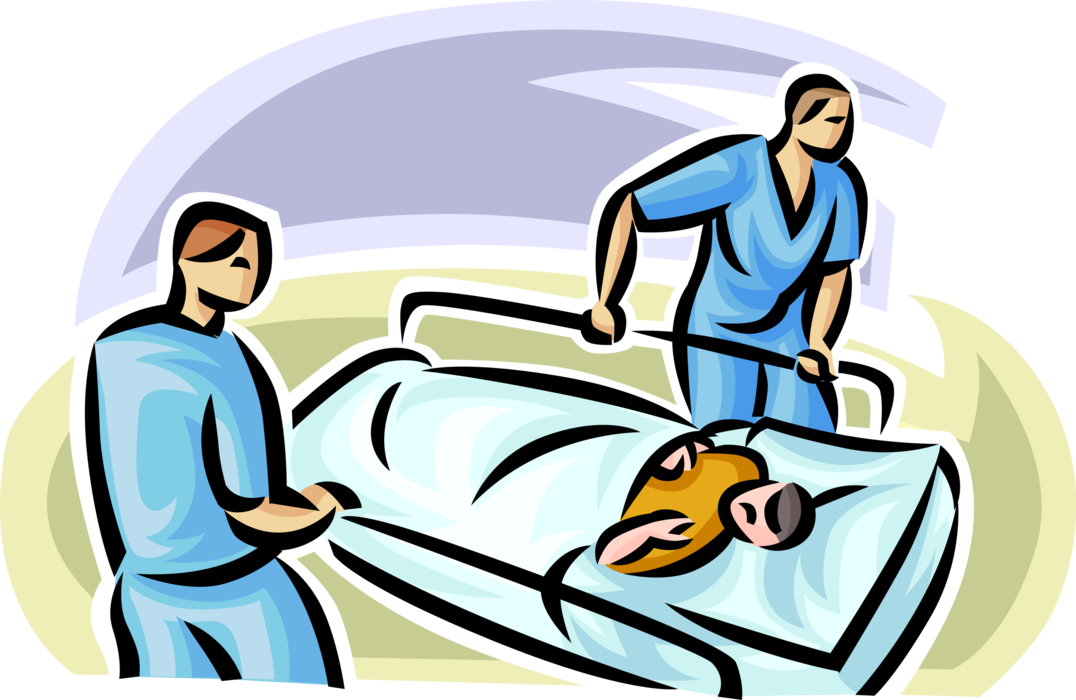 Vector Illustration of Hospital Patient on Gurney Wheeled Away by Hospital Nursing Staff
