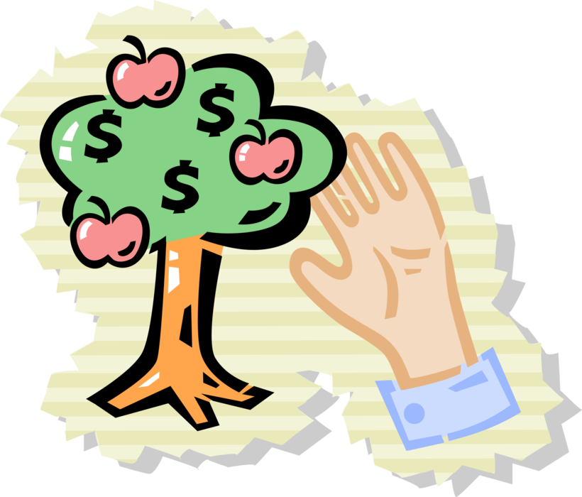 Vector Illustration of Hand Picks Fruit from Money Tree Conceptual Negation of Idiom "Money Doesn't Grow on Trees"