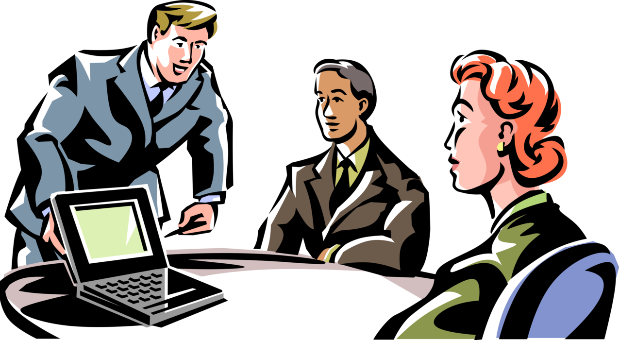 Vector Illustration of Business Colleagues Listen to Boardroom Presentation Briefing on Computer