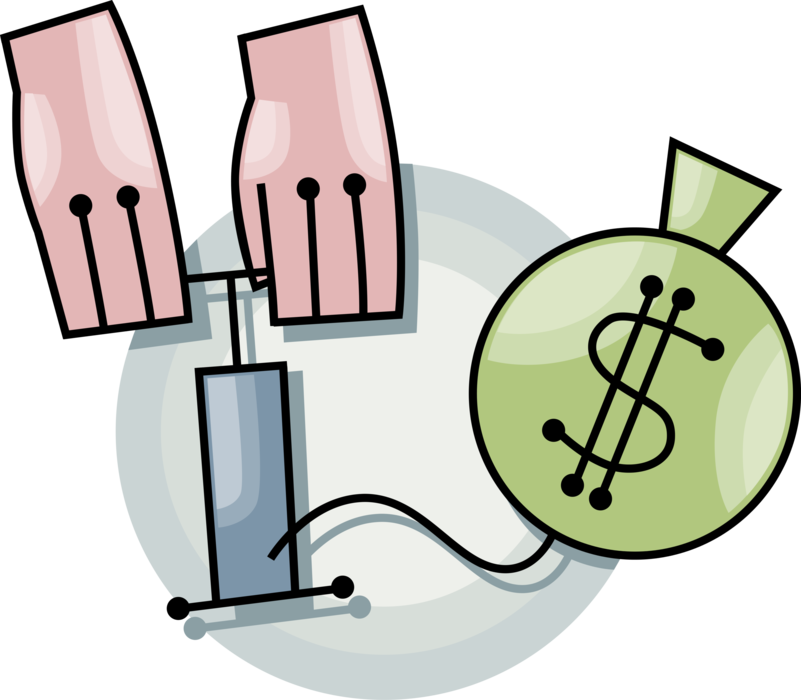 Vector Illustration of Hands Inflate Cash Money Dollar Balloon with Bicycle Pump