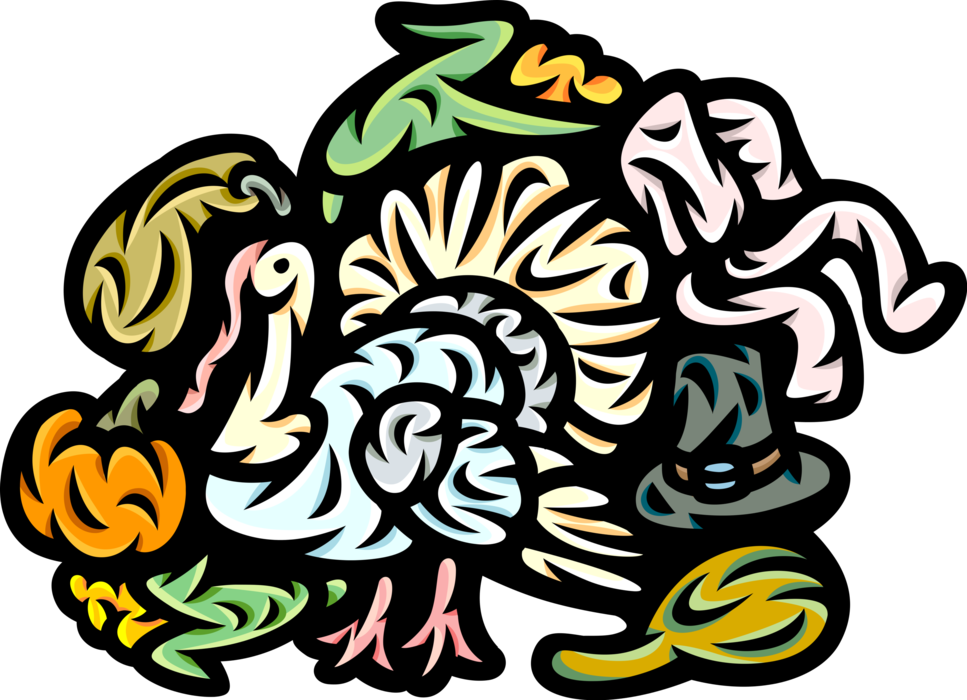 Vector Illustration of Traditional Thanksgiving Turkey Dinner with Pioneer Pilgrim Hat, Maize Corn Harvest, and Pumpkin