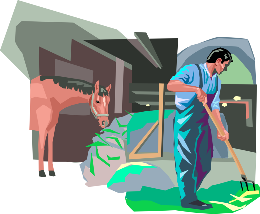 Vector Illustration of Farmer Feeds Straw Hay to Equestrian Horses in Farm Barn with Pitchfork