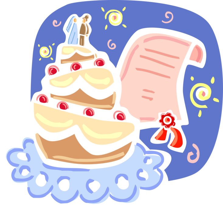 Vector Illustration of Multi-Tiered Wedding Cake Traditional Cake Served at Wedding Receptions with Marriage License