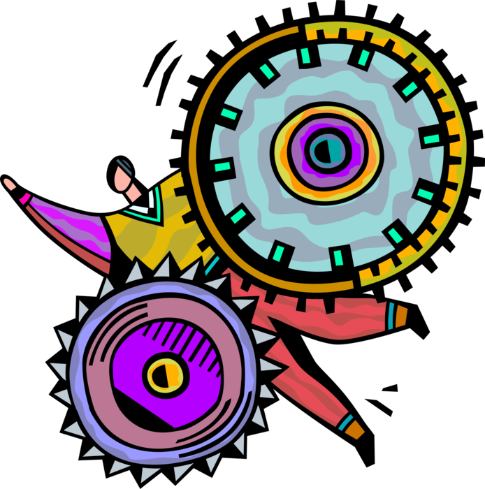 Vector Illustration of Businessman Caught in Cogwheel Industrial Gear Mechanism