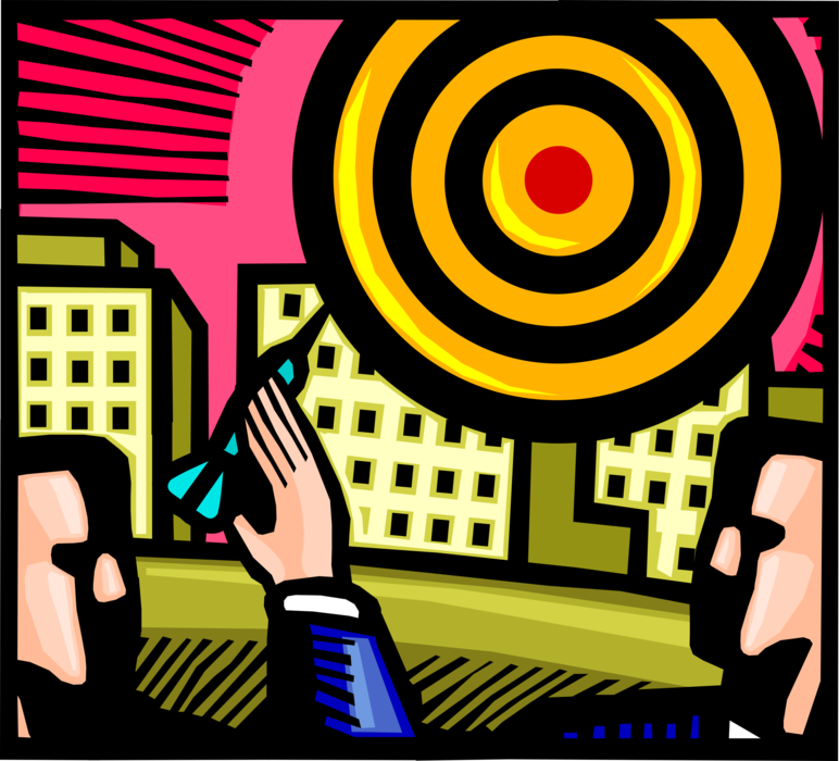 Vector Illustration of Competitive Businessman Plays Game of Darts with Dartboard Target Bullseye or Bull's-Eye