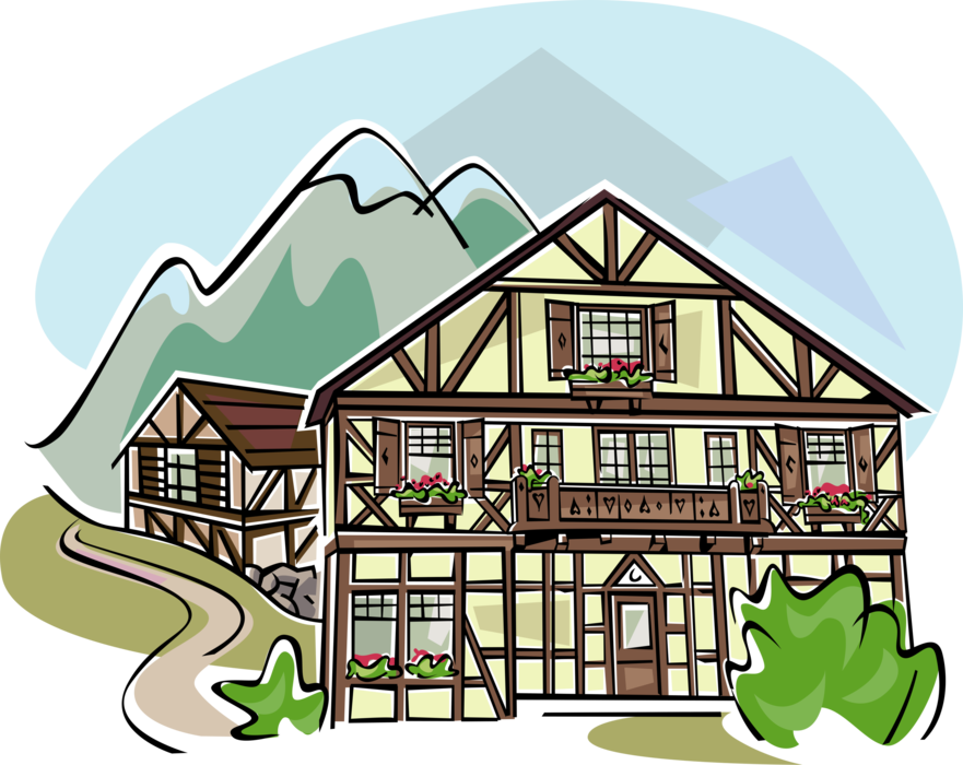 Vector Illustration of Traditional Bavarian Mountain Chalet, Bavaria, Germany