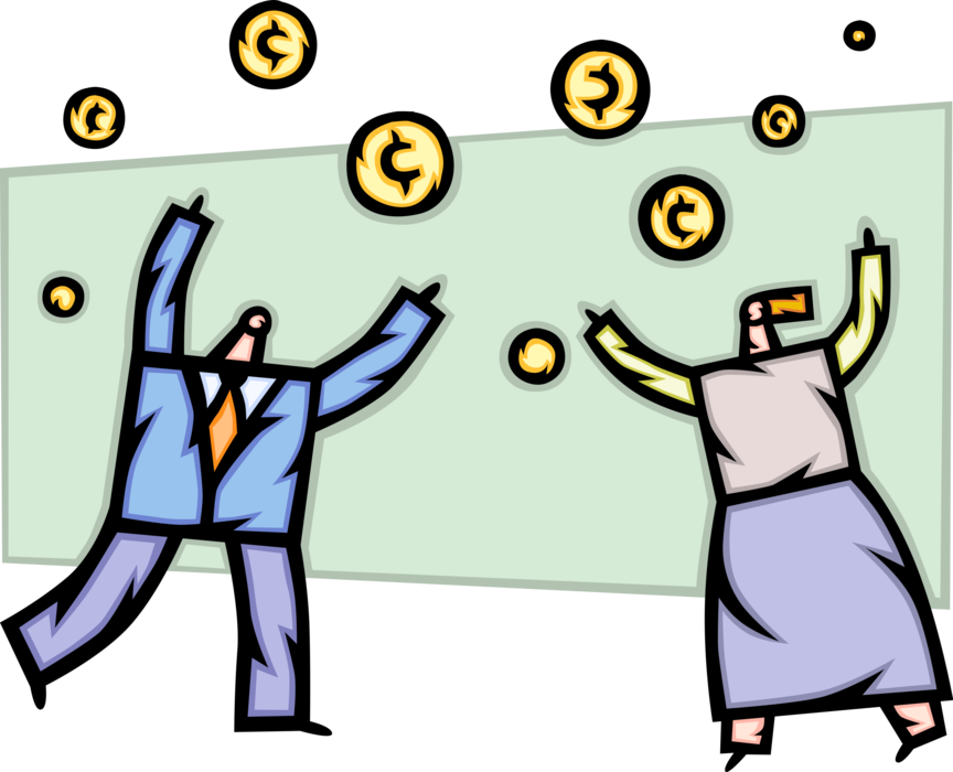 Vector Illustration of Business Associates Catch Falling Coin Windfall Profits