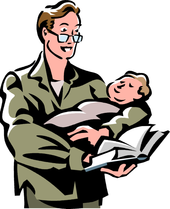 Vector Illustration of Father Reads Book Holding Newborn Infant Baby