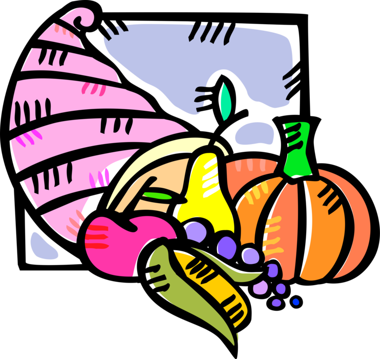 Vector Illustration of Cornucopia Horn of Plenty with Fall Harvest Fruit and Vegetables
