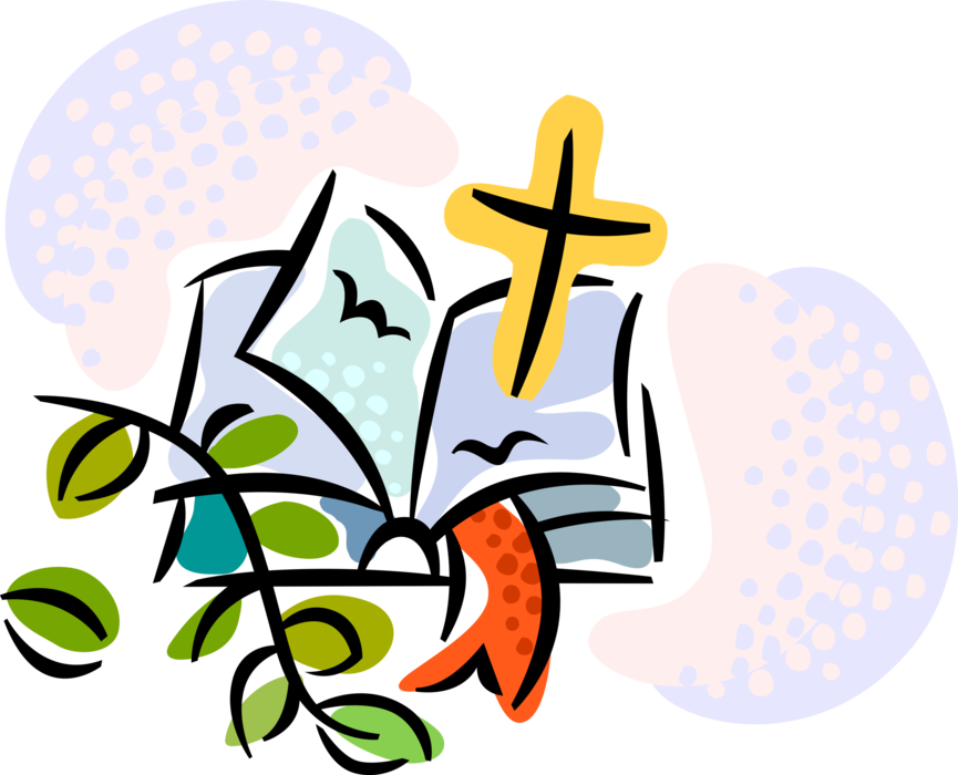 Vector Illustration of Christian Holy Bible, Crucifix Cross of Christ and Olive Branch of Peace