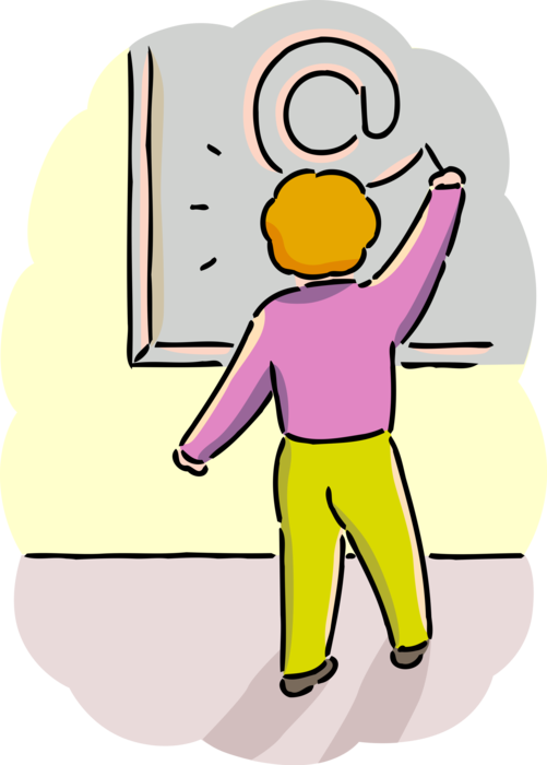 Vector Illustration of Student Writes Email @ Sign on School Blackboard Chalkboard in Classroom