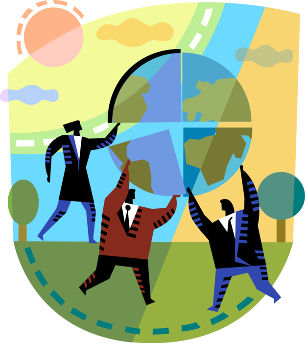 Vector Illustration of Business Associates Assemble Pieces of Corporate Worldwide Sales Marketing Plan Jigsaw Puzzle