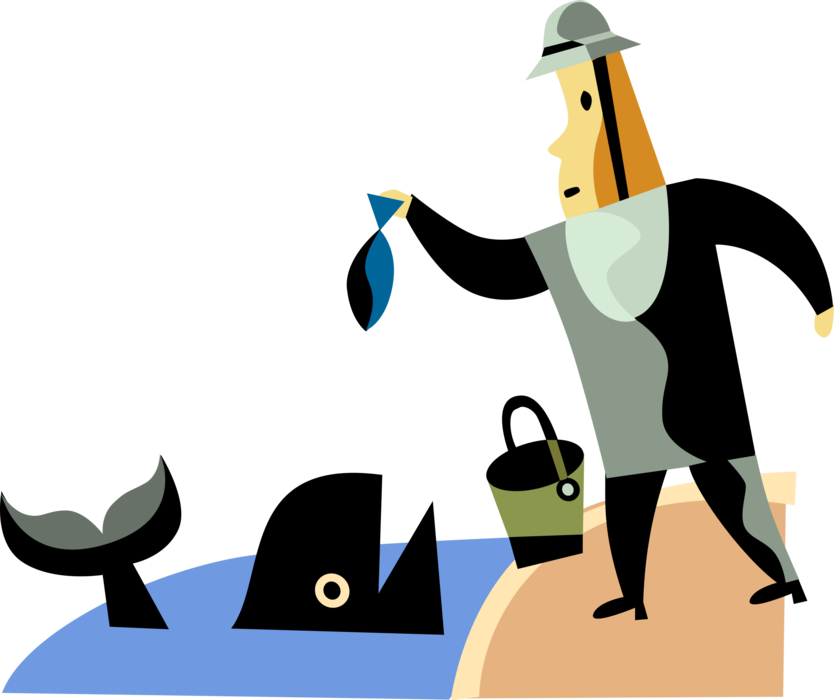 Vector Illustration of Commercial Fisherman Angler Chums Water with Bait and Attracts Marine Whale