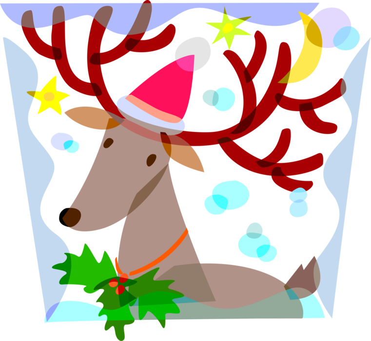 Vector Illustration of Reindeer with Antlers Wears Santa Claus Hat with Holly on Christmas