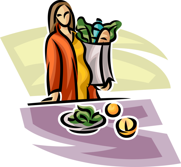 Vector Illustration of Pregnant Expectant Mother Buying Groceries at Supermarket Grocery Store