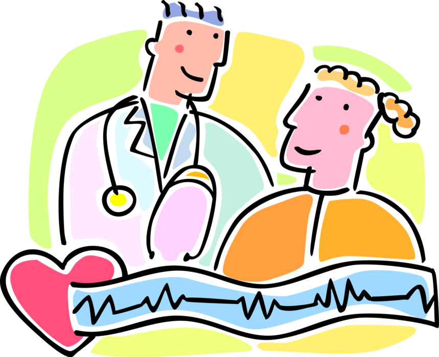 Vector Illustration of Doctor with Patient and Electrocardiogram ECG EKG Chart Shows Heart's Electrical Activity