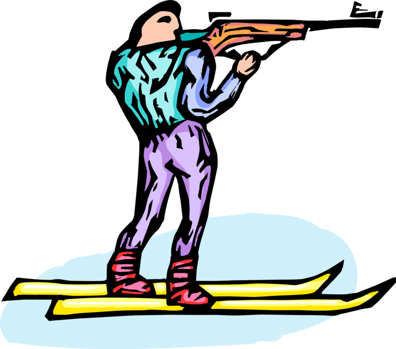 Vector Illustration of Biathlete Shoots in Biathlon Cross-Country Skiing and Rifle Shooting Competition