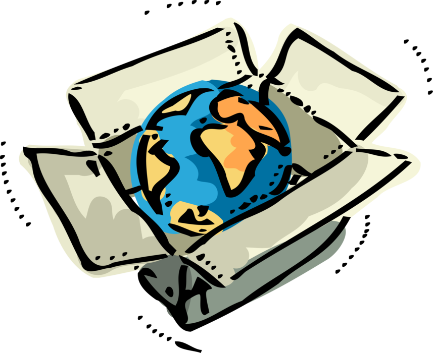 Vector Illustration of Worldwide Shipping and Delivery Planet Earth World in Cardboard Box