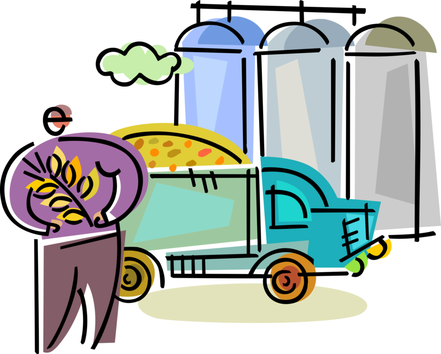 Vector Illustration of Farmer with Cereal Wheat Delivers Harvest in Farm Transport Truck to Bulk Storage Grain Silos