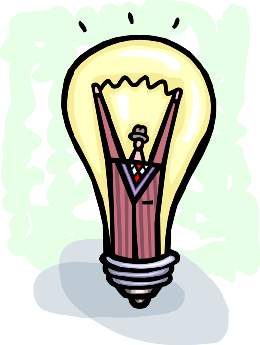 Vector Illustration of Inventor Businessman with Electric Light Bulb Symbol of Invention, Innovation, and Good Ideas