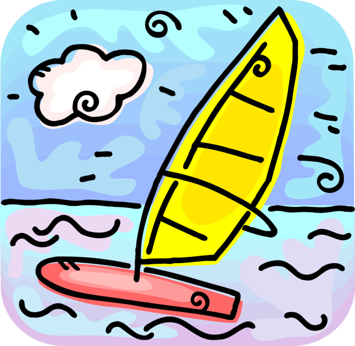 Vector Illustration of Windsurfer on Sailboard Windsurfing on Water