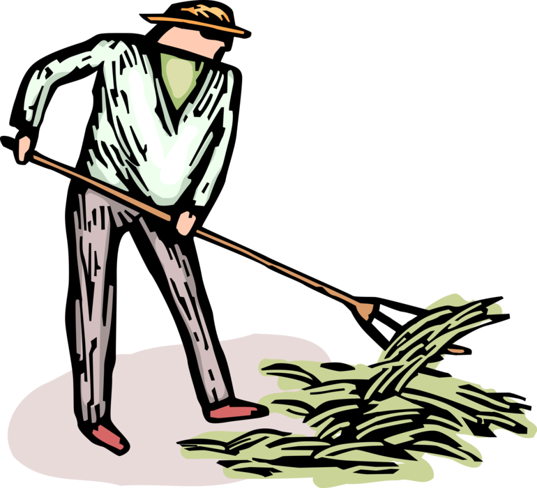 Vector Illustration of Farmer Rakes Hay Harvest Crop with Pitchfork Rake