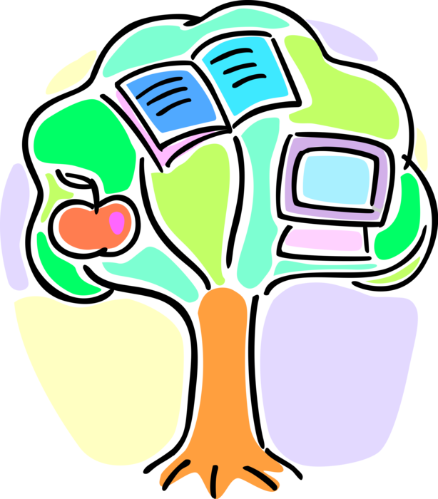 Vector Illustration of Academic Education Tree of Knowledge with Apple Fruit, Workbook, and Computer Technology