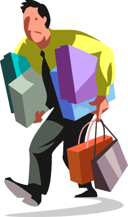 Vector Illustration of Retail Therapy Shopper Walks Home with New Purchase Packages After Shopping Expedition