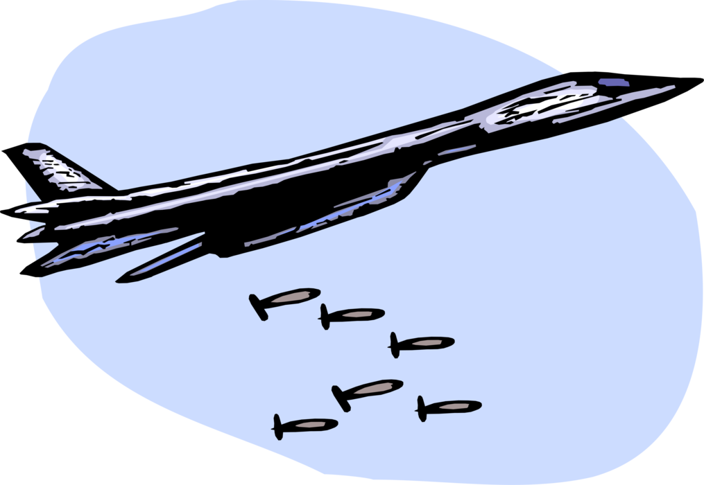 Vector Illustration of United States Military Air Force B1 Bomber Releases Munitions Bombs During Combat Operations