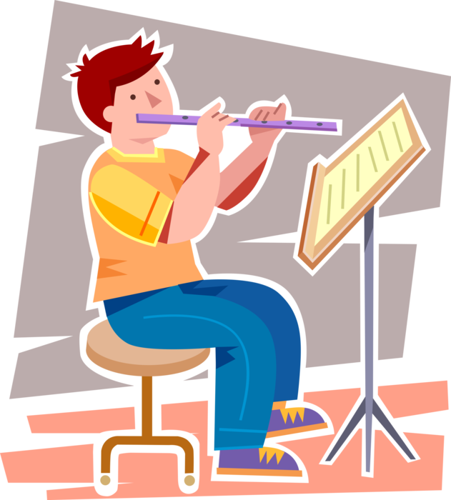 Vector Illustration of Primary or Elementary School Student Music Student Musician Plays the Flute Musical Instrument