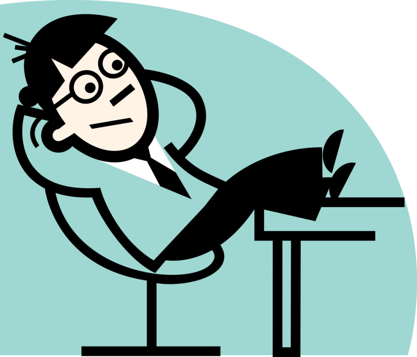 Vector Illustration of Businessman Relaxes After Hard Day's Work with Feet Up on Office Desk 